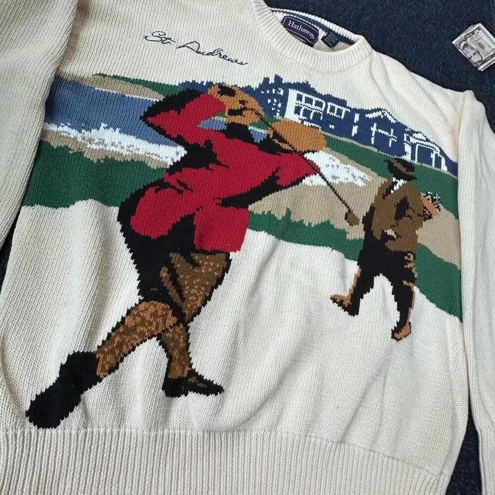 Vintage Hathaway St Andrews Golf Sweater Men XL Caddy Intarsia Cotton